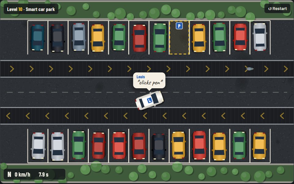 Weird Parking Simulator: a top-down car park with moving walkways and the examiner Louis commenting from a speech bubble